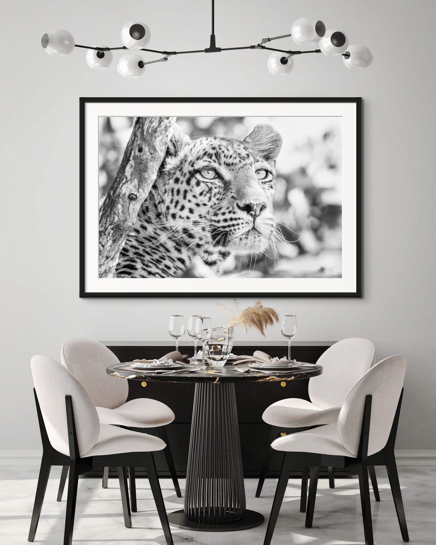 African Wildlife - Leopard portrait - High key black and white - limited Edition - Fine Art Print - Framed Example - Black frame with large white mat - dining room