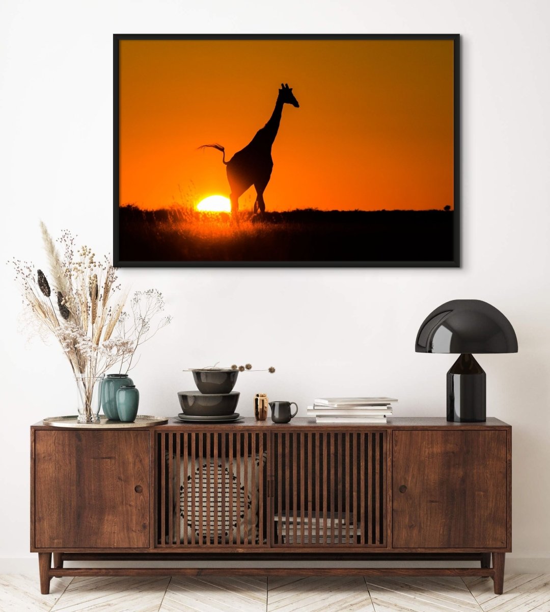 African wildlife wall art print for home decor of a giraffe silhouetted by the setting sun 60 x 40